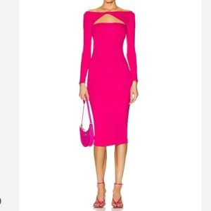 Seroya Irene Midi Dress Size S In Hot Pink Bodycon Long Sleeve Cut Out Twist